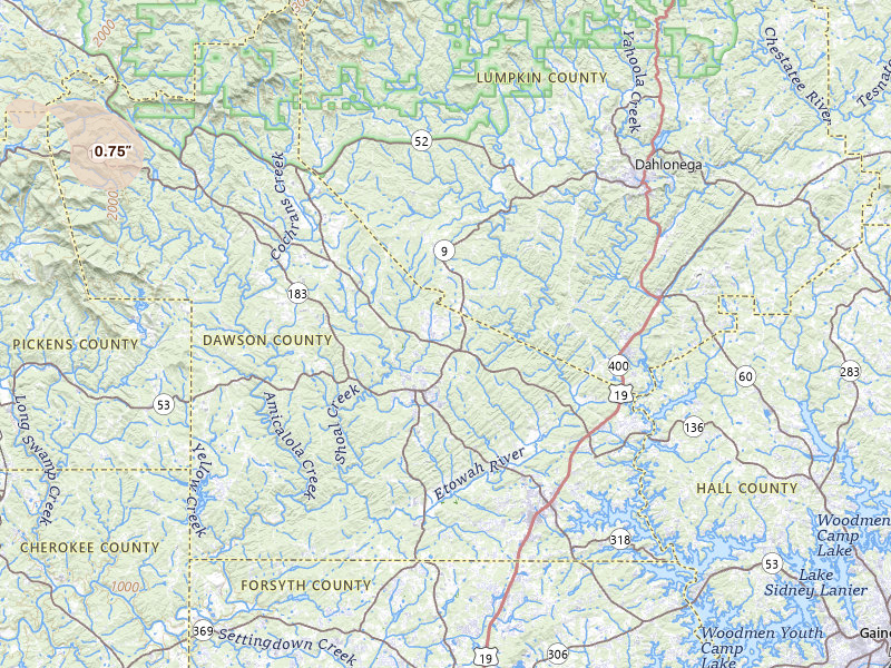 Radar-estimated hail-size map of the storm over Dawsonville, GA on Jul 3, 2026