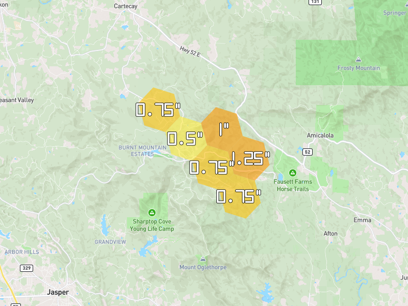 Hail map of Dawsonville, GA on Jul 3, 2026, hail up to 1.25"