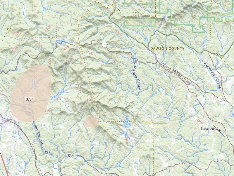 Radar-estimated hail-size map of the storm over Dawsonville, GA on Aug 4, 2026