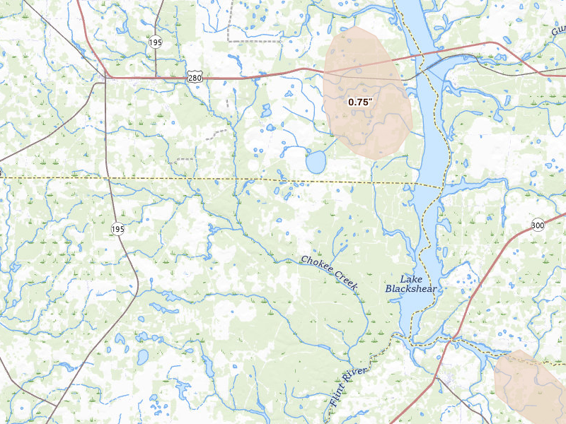 Radar-estimated hail-size map of the storm over De Soto, GA on Aug 13, 2026