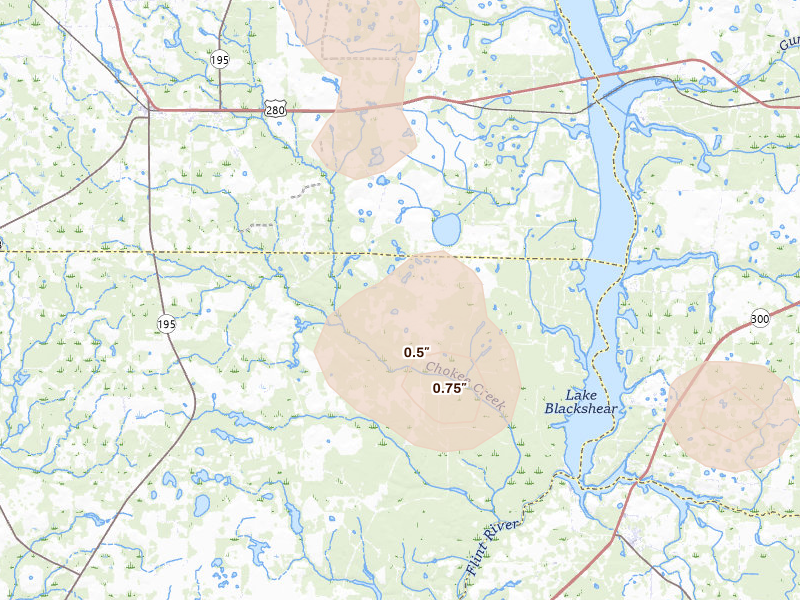 Radar-estimated hail-size map of the storm over De Soto, GA on Aug 21, 2026
