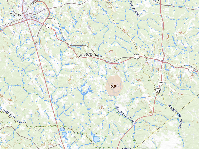 Radar-estimated hail-size map of the storm over Dearing, GA on Aug 4, 2026