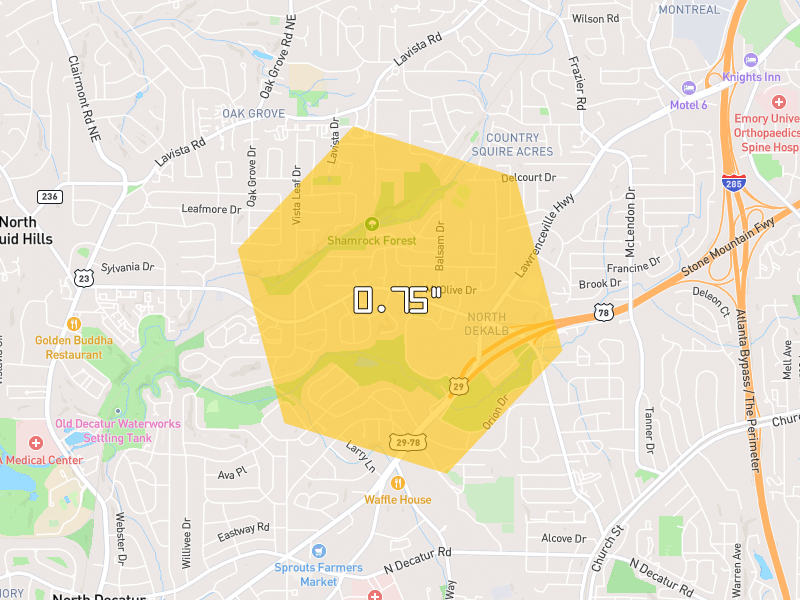 Hail map of Decatur, GA on Jul 3, 2026, hail up to 0.75"