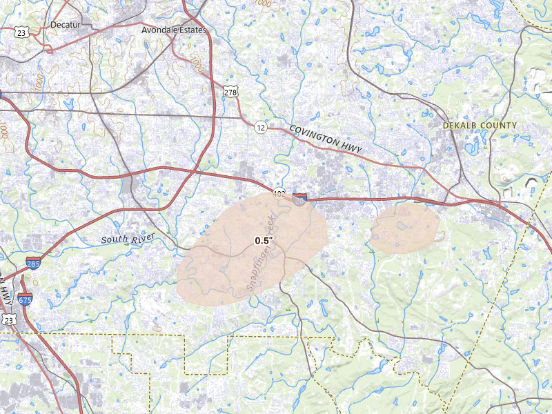 Radar-estimated hail-size map of the storm over Decatur, GA on Jul 9, 2026