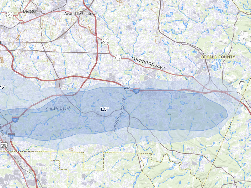 NEXRAD radar-signature map of the hail storm over Decatur, GA on Jul 9, 2026