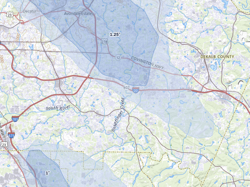 NEXRAD radar-signature map of the hail storm over Decatur, GA on Jul 28, 2026