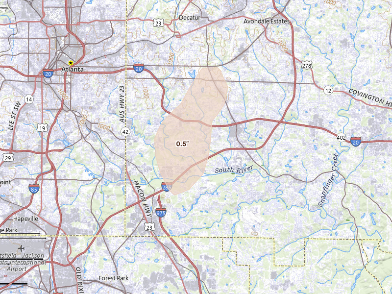 Radar-estimated hail-size map of the storm over Decatur, GA on Aug 6, 2026