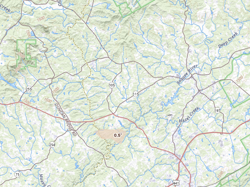 Radar-estimated hail-size map of the storm over Demorest, GA on Jul 10, 2026