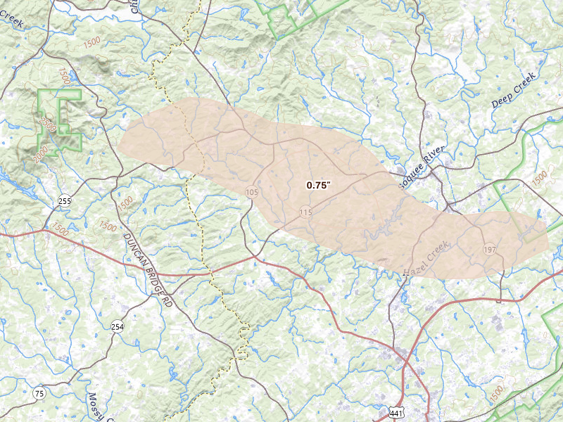 Radar-estimated hail-size map of the storm over Demorest, GA on Jul 12, 2026