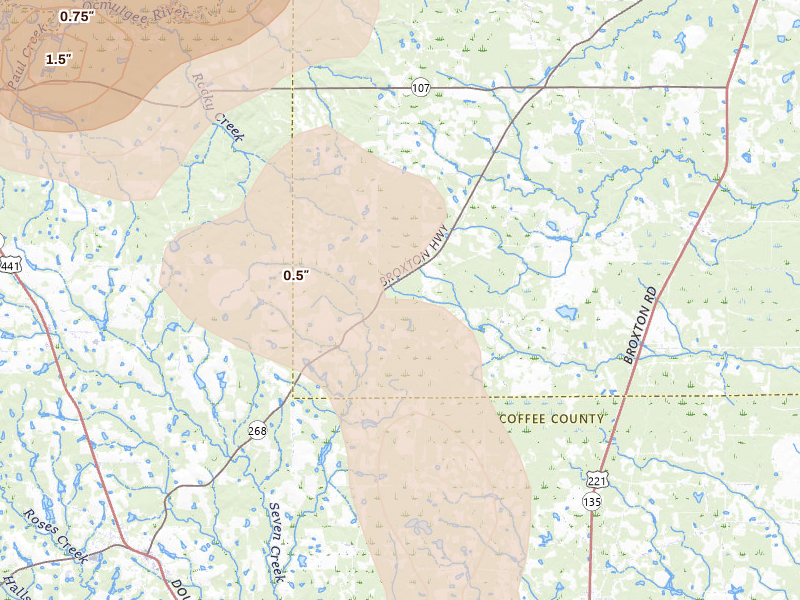 Radar-estimated hail-size map of the storm over Denton, GA on May 17, 2026