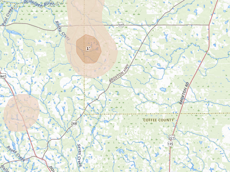 Radar-estimated hail-size map of the storm over Denton, GA on May 24, 2026