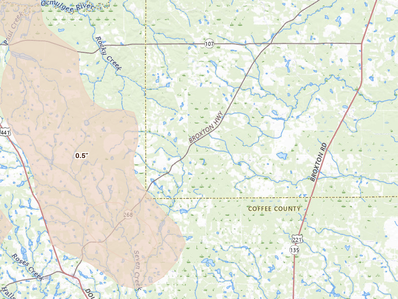 Radar-estimated hail-size map of the storm over Denton, GA on Jul 17, 2026