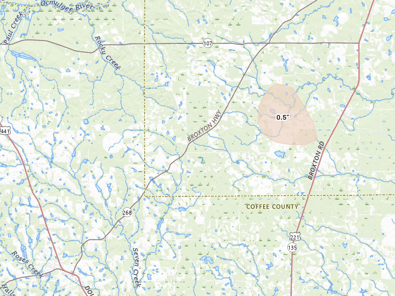 Radar-estimated hail-size map of the storm over Denton, GA on Jul 25, 2026