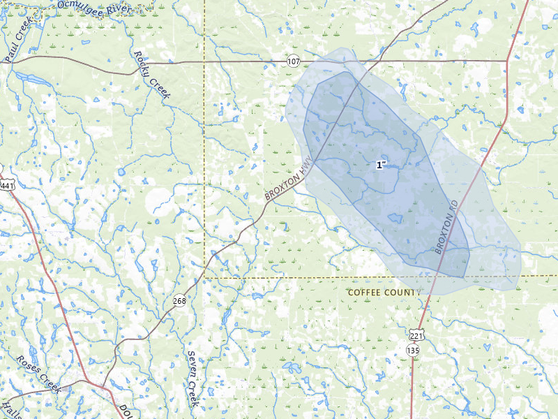 NEXRAD radar-signature map of the hail storm over Denton, GA on Jul 25, 2026