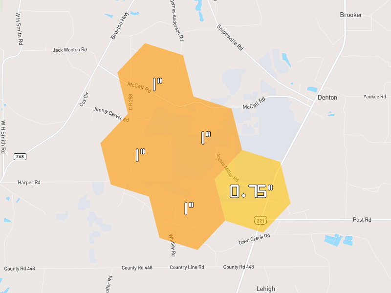 Hail map of Denton, GA on Jul 25, 2026, hail up to 1"