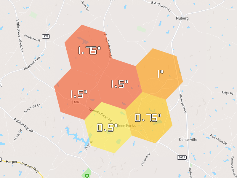 Hail map of Dewy Rose, GA on Jul 6, 2026, hail up to 1.75"