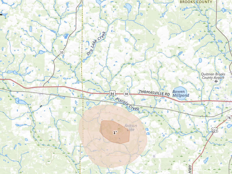 Radar-estimated hail-size map of the storm over Dixie, GA on Aug 13, 2026
