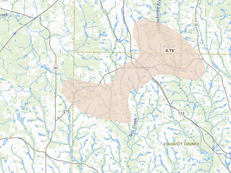 Radar-estimated hail-size map of the storm over Doerun, GA on Jul 29, 2026