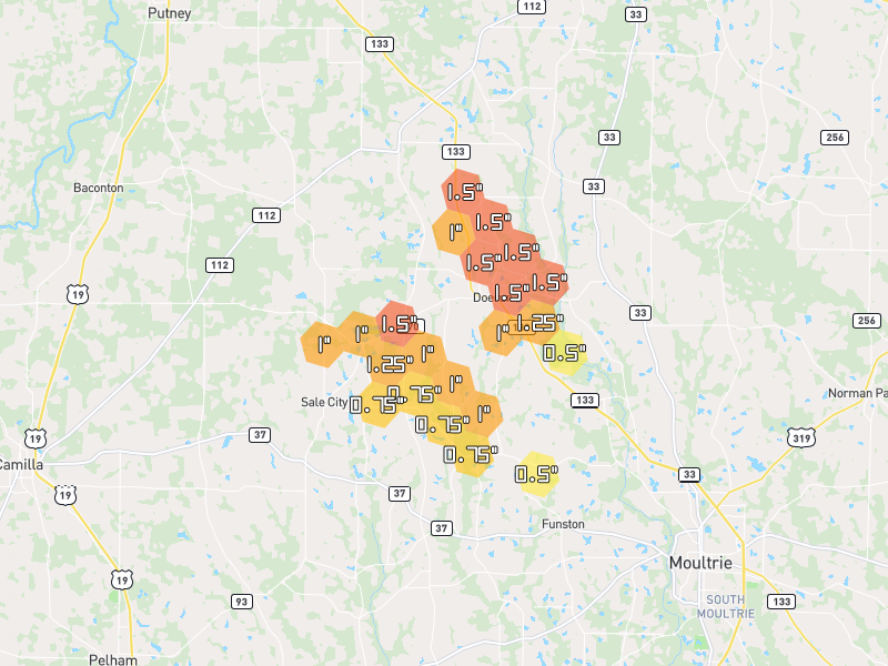 Hail map of Doerun, GA on Jul 29, 2026, hail up to 1.5"
