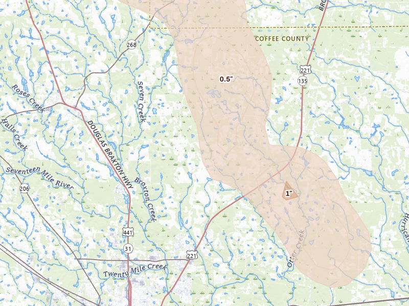 Radar-estimated hail-size map of the storm over Douglas, GA on May 17, 2026