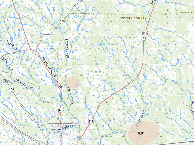 Radar-estimated hail-size map of the storm over Douglas, GA on Jun 20, 2026