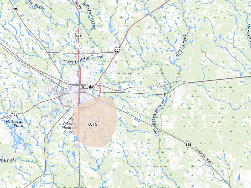 Radar-estimated hail-size map of the storm over Douglas, GA on Jul 18, 2026