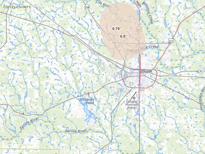 Radar-estimated hail-size map of the storm over Douglas, GA on Aug 12, 2026