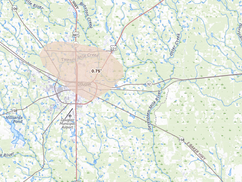 Radar-estimated hail-size map of the storm over Douglas, GA on Aug 13, 2026