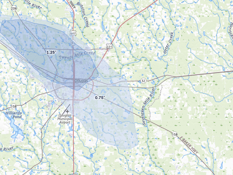 NEXRAD radar-signature map of the hail storm over Douglas, GA on Aug 13, 2026