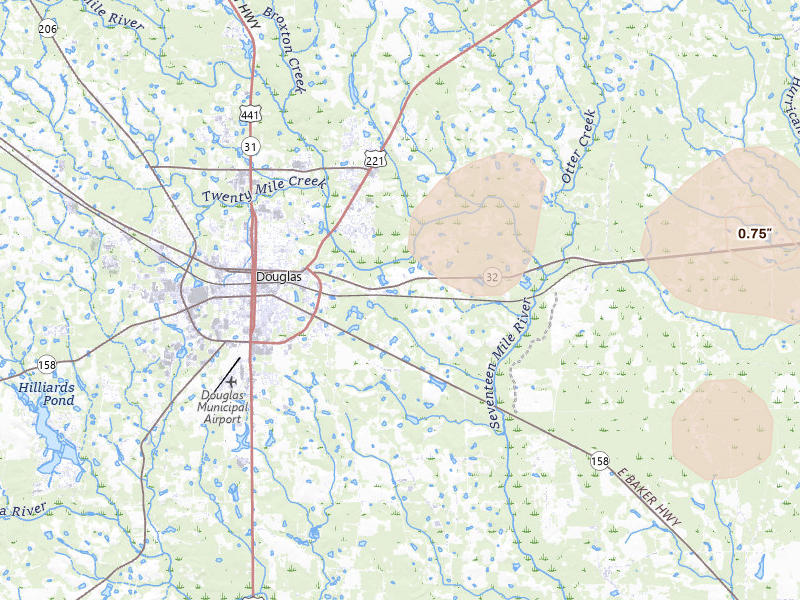 Radar-estimated hail-size map of the storm over Douglas, GA on Aug 25, 2026