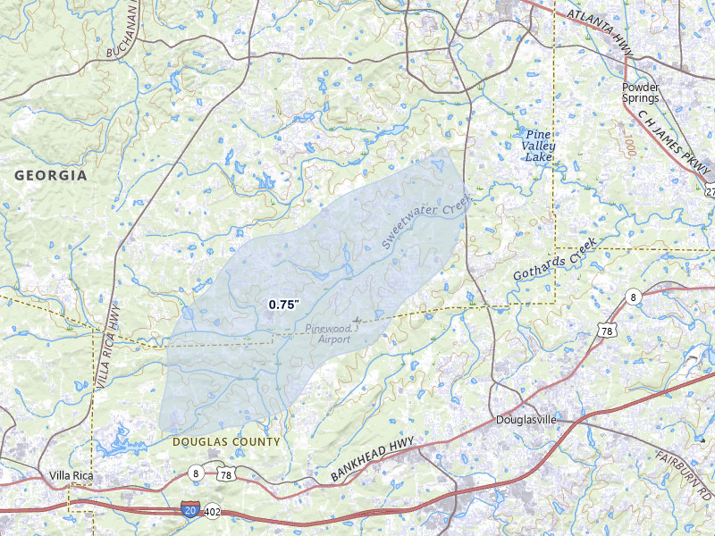 NEXRAD radar-signature map of the hail storm over Douglasville, GA on Jun 30, 2026