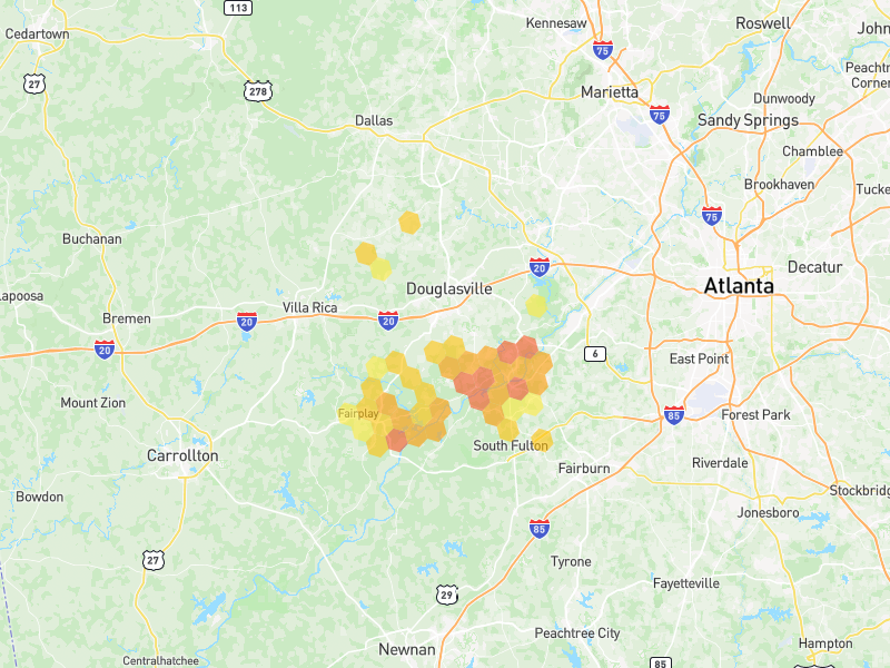 Hail map of Douglasville, GA on Jul 1, 2026, hail up to 1.5"