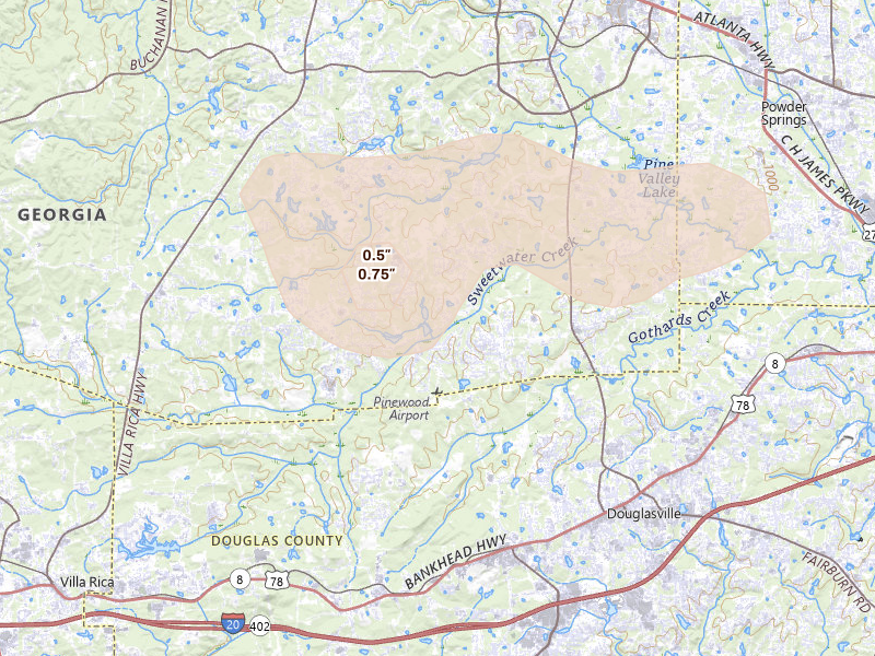 Radar-estimated hail-size map of the storm over Douglasville, GA on Jul 2, 2026