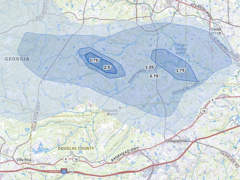 NEXRAD radar-signature map of the hail over Douglasville, GA