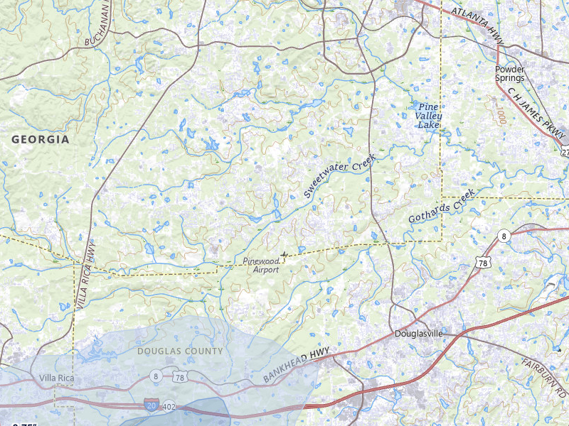NEXRAD radar-signature map of the hail storm over Douglasville, GA on Jul 5, 2026