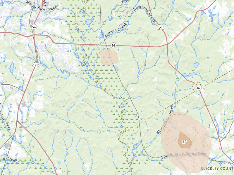 Radar-estimated hail-size map of the storm over Dry Branch, GA on May 17, 2026