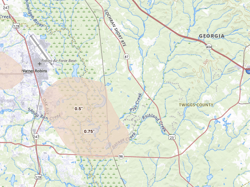 Radar-estimated hail-size map of the storm over Dry Branch, GA on Aug 11, 2026