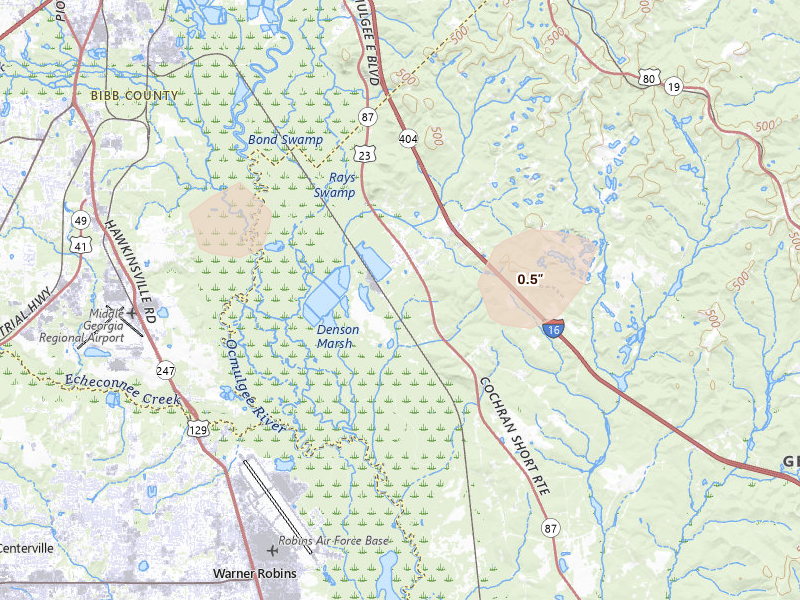 Radar-estimated hail-size map of the storm over Dry Branch, GA on Aug 13, 2026