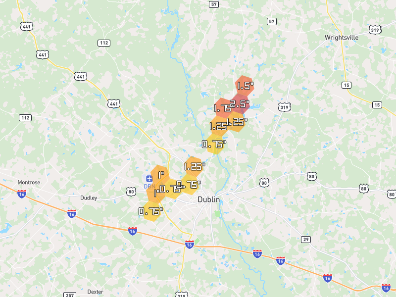 Hail map of Dublin, GA on Jun 29, 2026, hail up to 2.5"