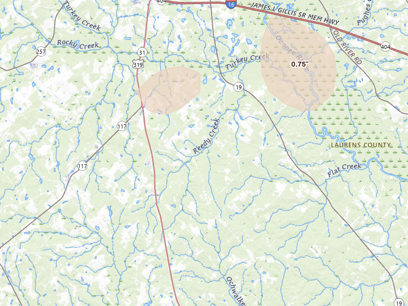 Radar-estimated hail-size map of the storm over Dublin, GA on Aug 13, 2026