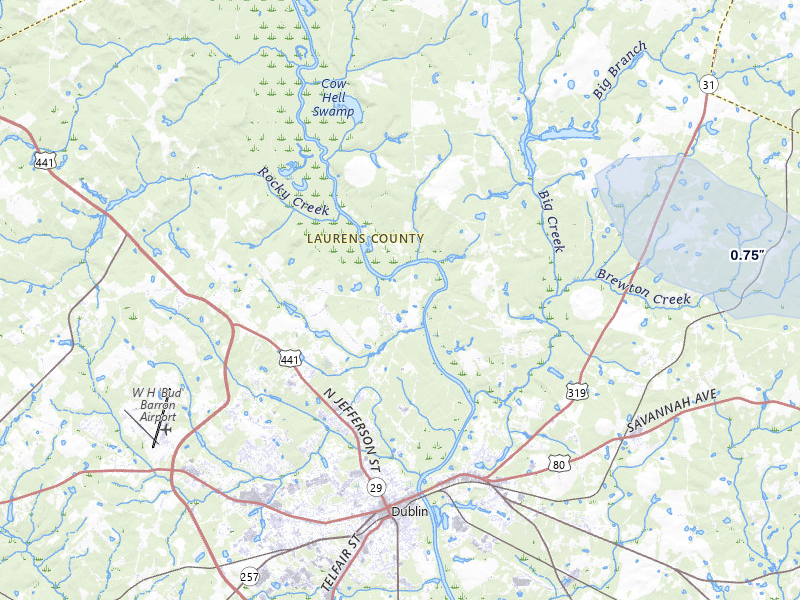 NEXRAD radar-signature map of the hail storm over Dublin, GA on Aug 13, 2026