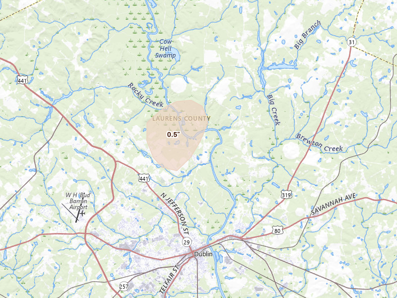Radar-estimated hail-size map of the storm over Dublin, GA on Aug 21, 2026
