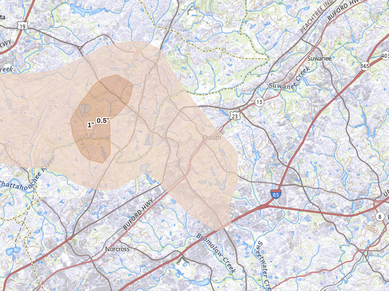 Radar-estimated hail-size map of the storm over Duluth, GA on Jul 3, 2026