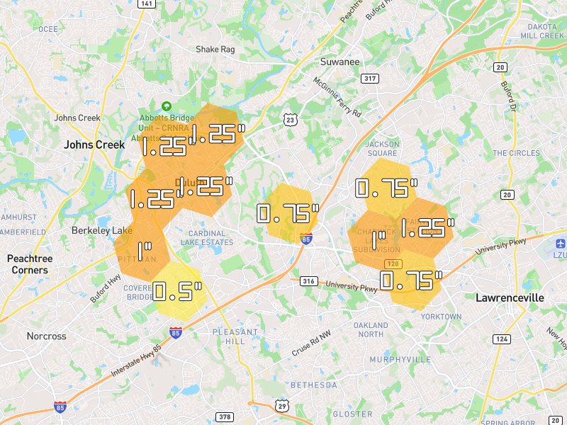 Hail map of Duluth, GA on Jul 3, 2026, hail up to 1.25"
