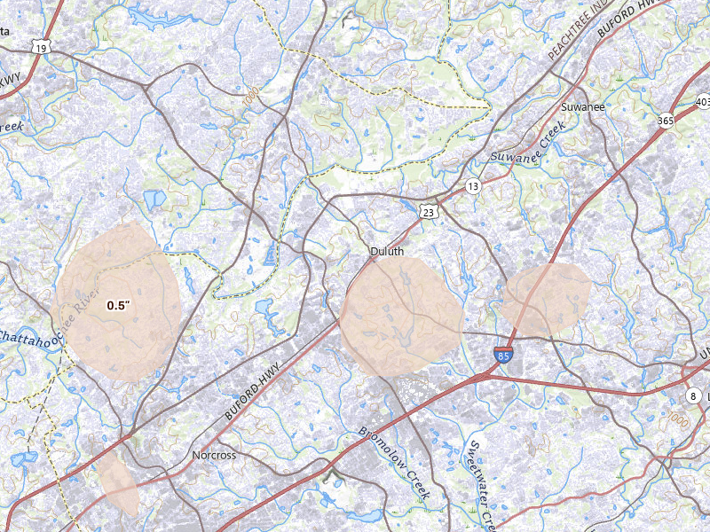 Radar-estimated hail-size map of the storm over Duluth, GA on Jul 4, 2026