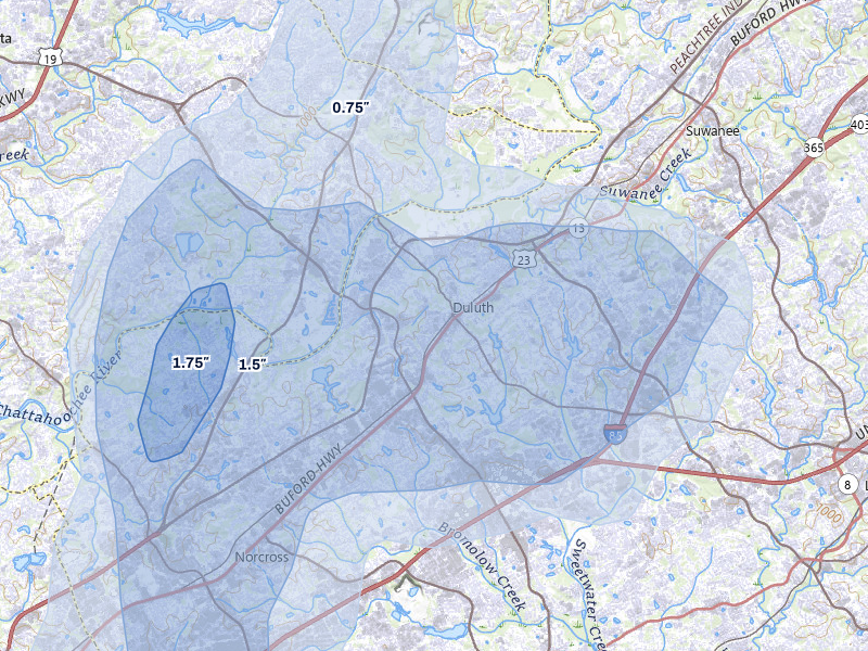 NEXRAD radar-signature map of the hail over Duluth, GA