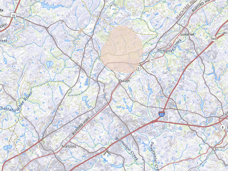 Radar-estimated hail-size map of the storm over Duluth, GA on Jul 28, 2026
