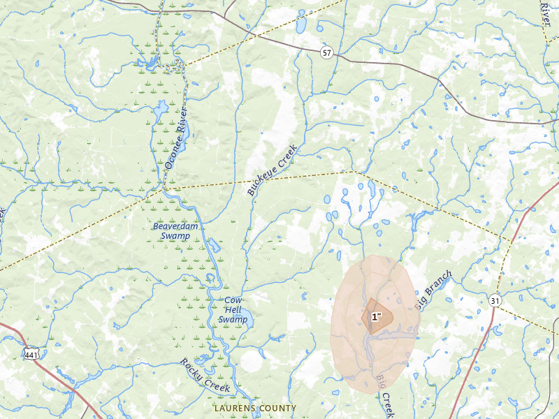 Radar-estimated hail-size map of the storm over East Dublin, GA on Jun 29, 2026
