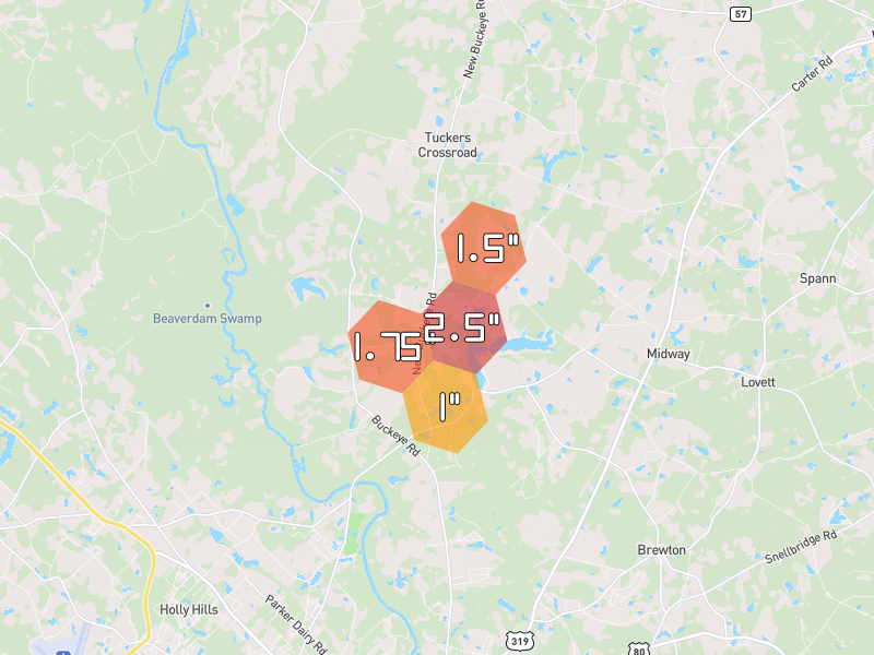 Hail map of East Dublin, GA on Jun 29, 2026, hail up to 2.5"