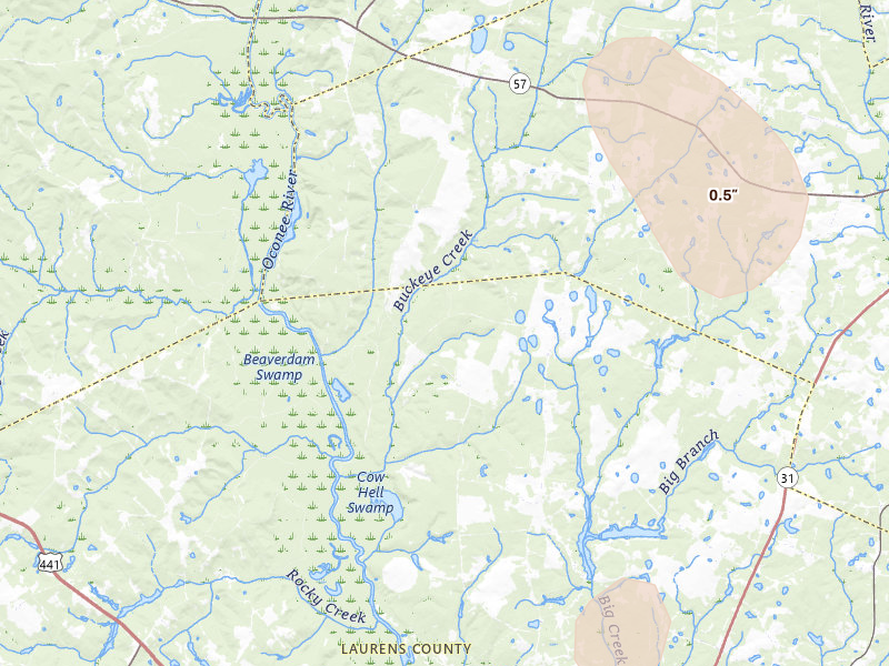 Radar-estimated hail-size map of the storm over East Dublin, GA on Jul 17, 2026
